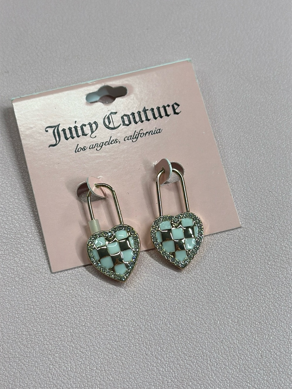 Juicy Couture white and gold checkered Heart Drop Earrings with Crystal Trim